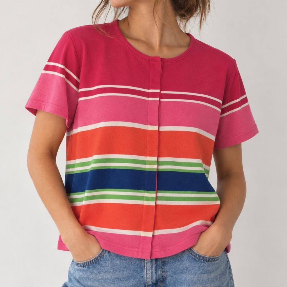 Carolina Colours Vintage Rainbow Striped Short Sleeve Cardigan Top Snap Button L